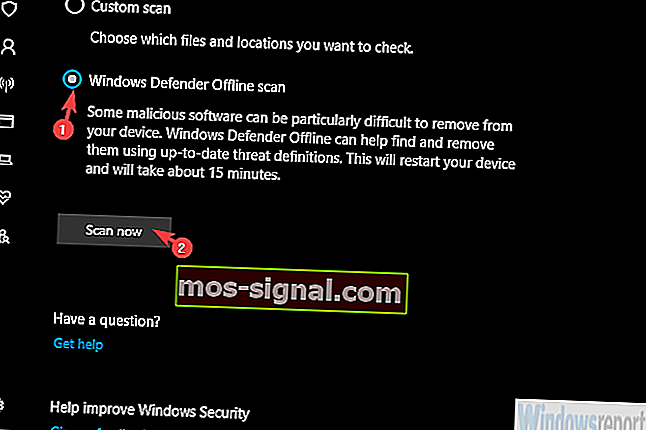 Windows Defender סריקה לא מקוונת - -