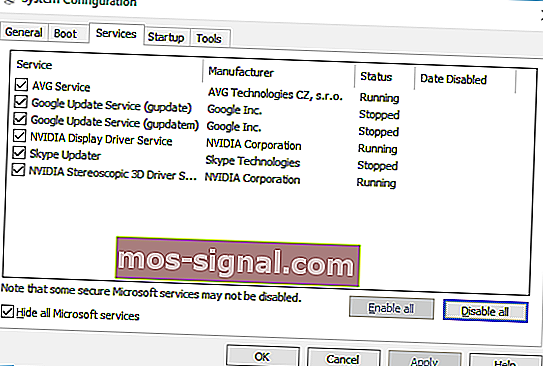 скриване на всички текущи инсталации на прозореца за конфигуриране на системата за услуги на Microsoft
