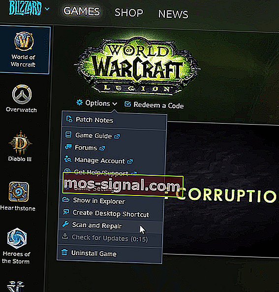Optie voor scannen en repareren World of Warcraft kon de 3D-versnelling niet starten