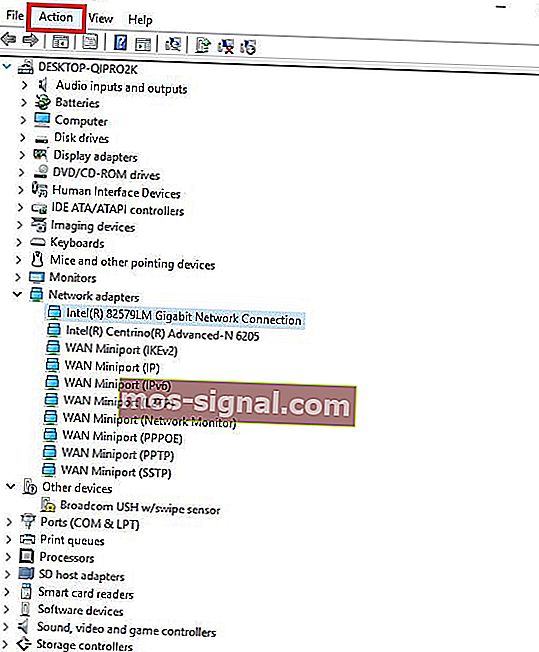 меню действий диспетчер устройств Ноутбук HP не подключается к Wi-Fi в Windows 10