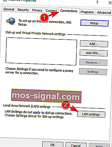 Pogreška povezivanja istekla je preko internetskih opcija na kartici veze